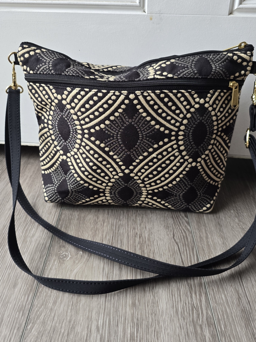 Danny K Beverly Hills Black Cream Tapestry Crossbody Bag Made in USA